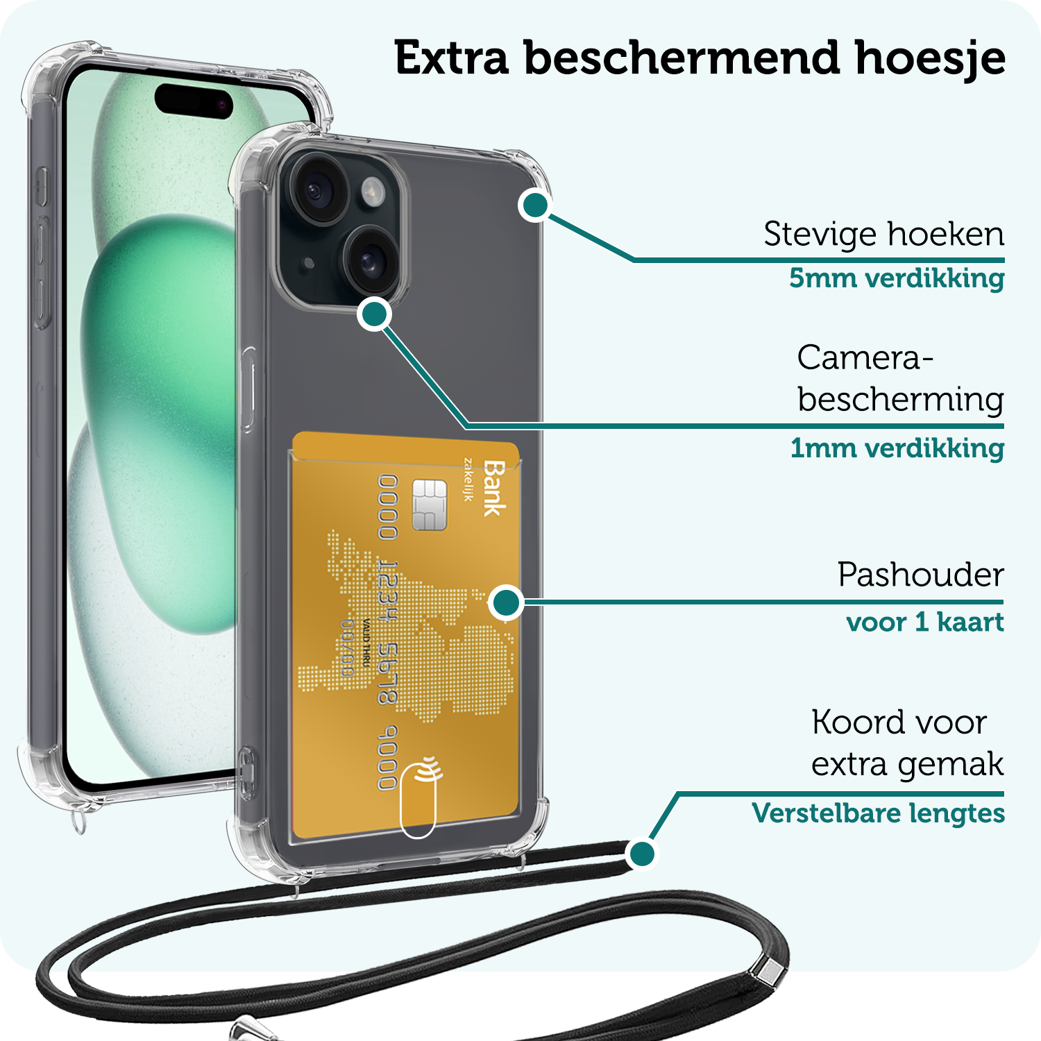 Forterra Hoesje Geschikt voor iPhone 13 Mini Pashouder Case Siliconen Hoes Met Koord Met 2x Screenprotector - Hoes Geschikt voor iPhone 13 Mini Met Telefoonkoord Hoesje Back Cover Met Pasjeshouder - Transparant