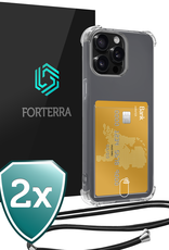 Forterra Hoesje Geschikt voor iPhone 14 Pro Max Pashouder Case Siliconen Hoes Met Koord - Hoes Geschikt voor iPhone 14 Pro Max Met Telefoonkoord Hoesje Back Cover Met Pasjeshouder - Transparant - 2 PACK