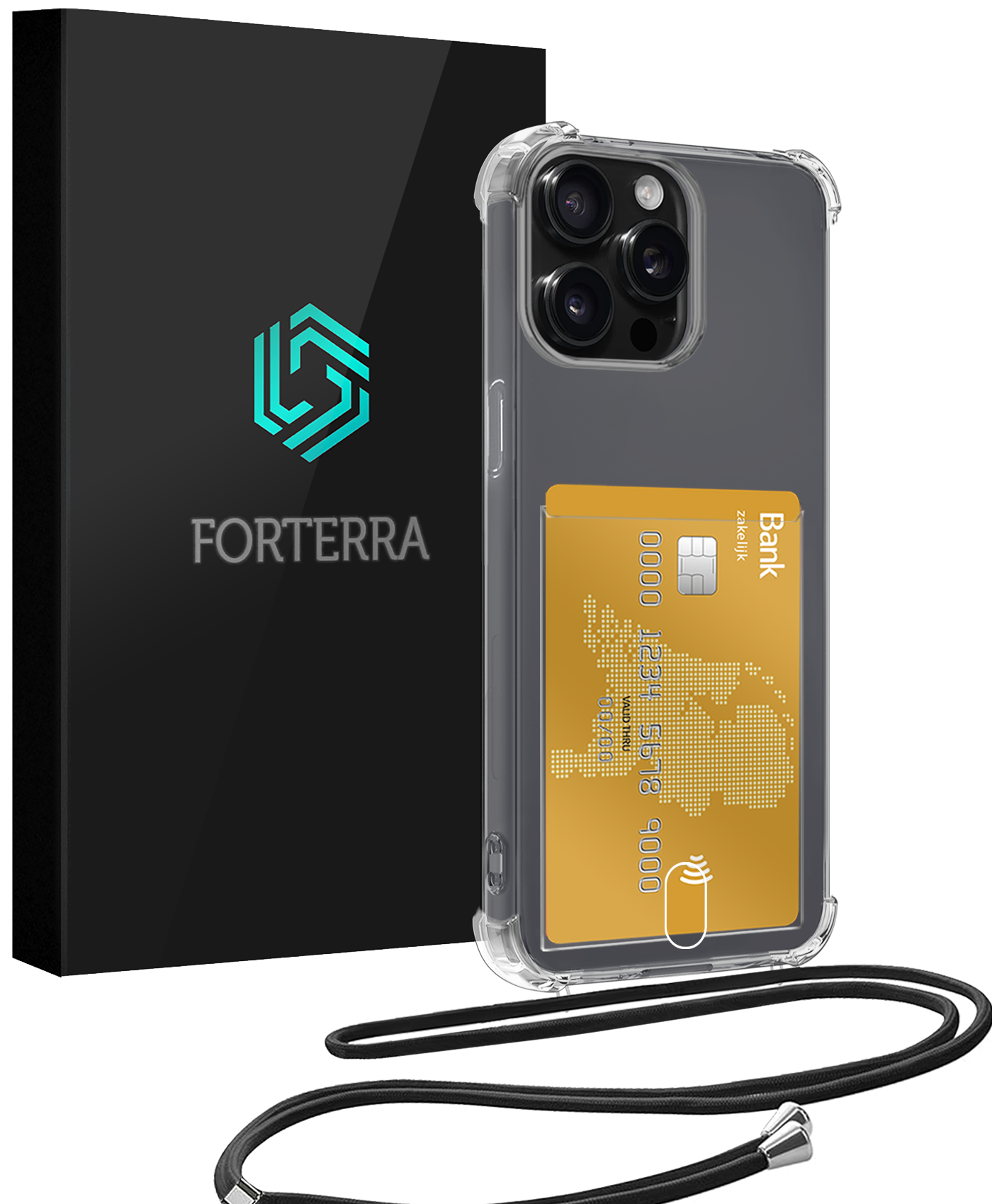 Forterra Hoesje Geschikt voor iPhone 14 Pro Max Pashouder Case Siliconen Hoes Met Koord - Hoes Geschikt voor iPhone 14 Pro Max Met Telefoonkoord Hoesje Back Cover Met Pasjeshouder - Transparant
