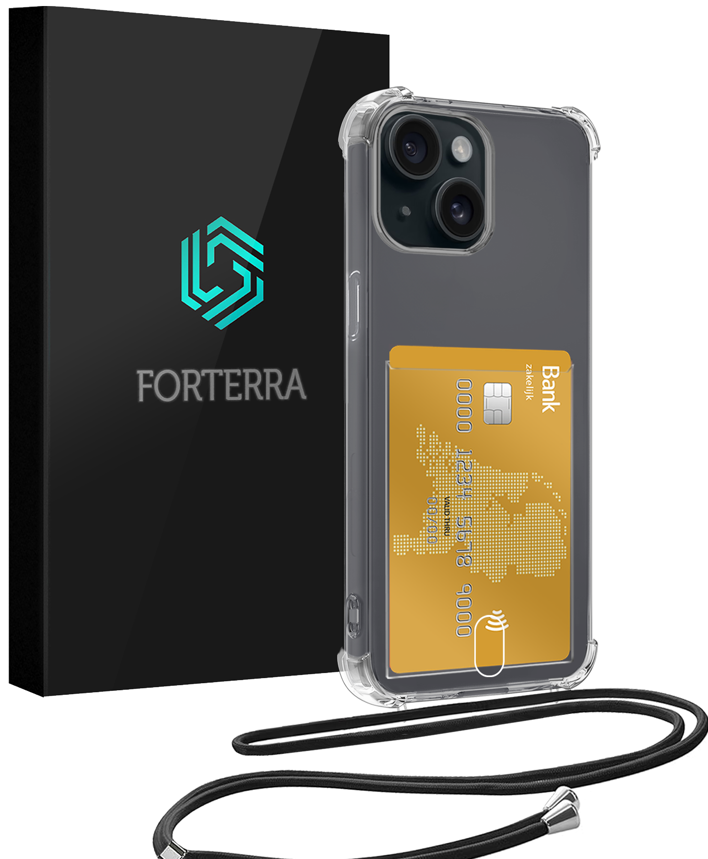 Forterra Hoesje Geschikt voor iPhone 14 Plus Pashouder Case Siliconen Hoes Met Koord - Hoes Geschikt voor iPhone 14 Plus Met Telefoonkoord Hoesje Back Cover Met Pasjeshouder - Transparant