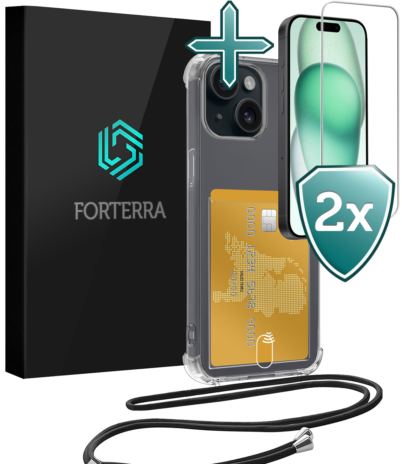 Forterra Hoesje Geschikt voor iPhone 14 Pashouder Case Siliconen Hoes Met Koord Met 2x Screenprotector - Hoes Geschikt voor iPhone 14 Met Telefoonkoord Hoesje Back Cover Met Pasjeshouder - Transparant