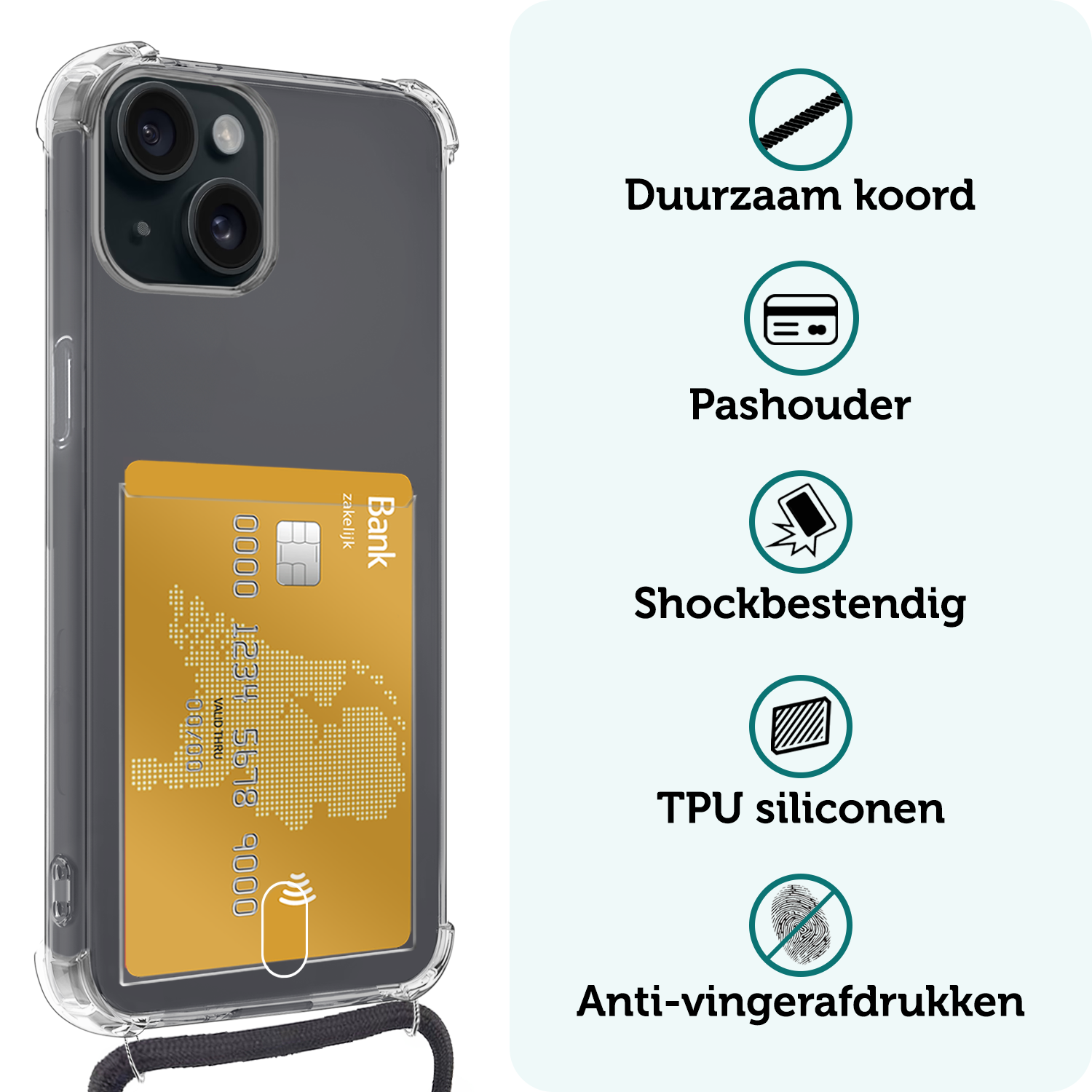Forterra Hoesje Geschikt voor iPhone 14 Pashouder Case Siliconen Hoes Met Koord Met Screenprotector - Hoes Geschikt voor iPhone 14 Met Telefoonkoord Hoesje Back Cover Met Pasjeshouder - Transparant