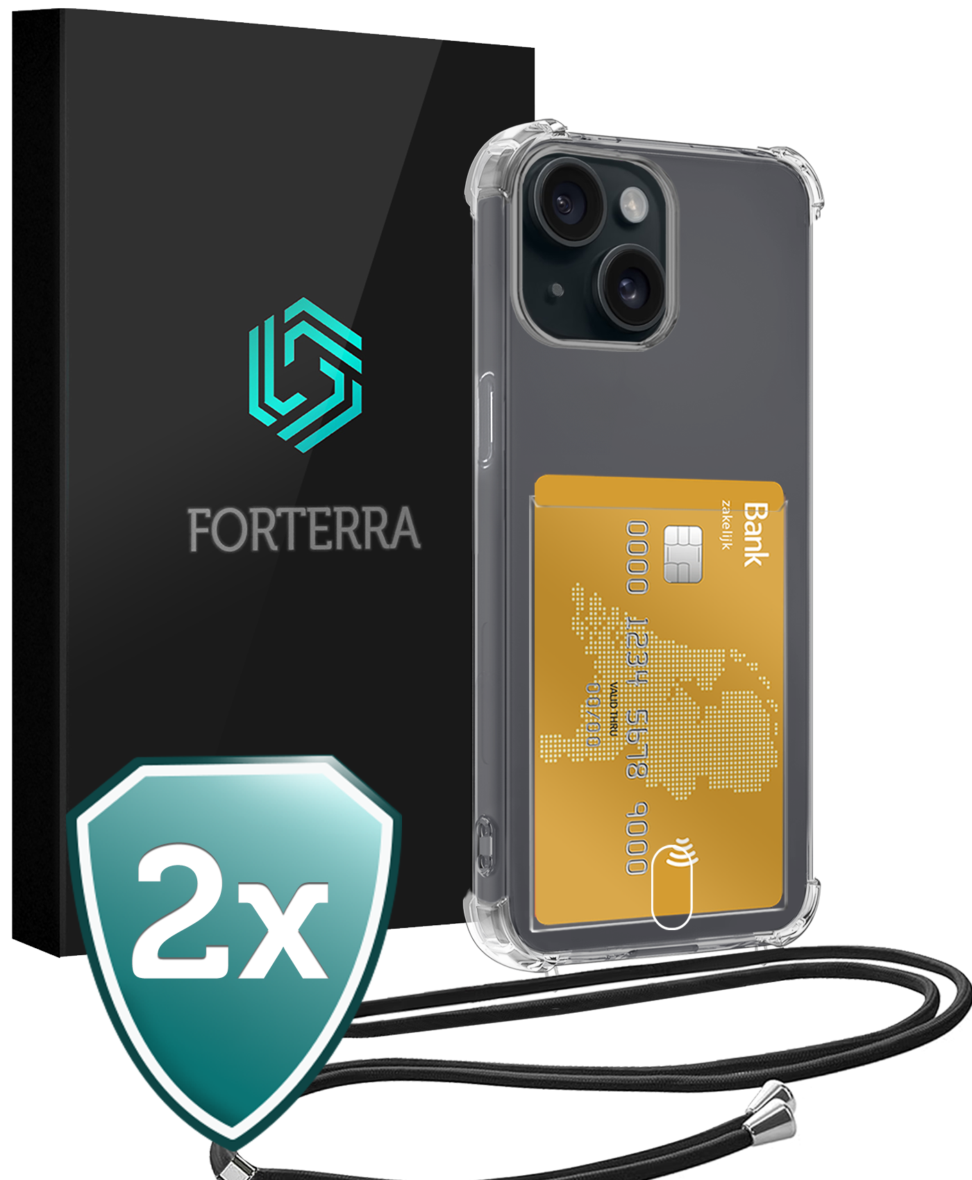 Forterra Hoesje Geschikt voor iPhone 14 Pashouder Case Siliconen Hoes Met Koord - Hoes Geschikt voor iPhone 14 Met Telefoonkoord Hoesje Back Cover Met Pasjeshouder - Transparant - 2 PACK