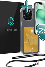 Forterra Hoesje Geschikt voor iPhone 15 Pro Pashouder Case Siliconen Hoes Met Koord Met 2x Screenprotector - Hoes Geschikt voor iPhone 15 Pro Met Telefoonkoord Hoesje Back Cover Met Pasjeshouder - Transparant