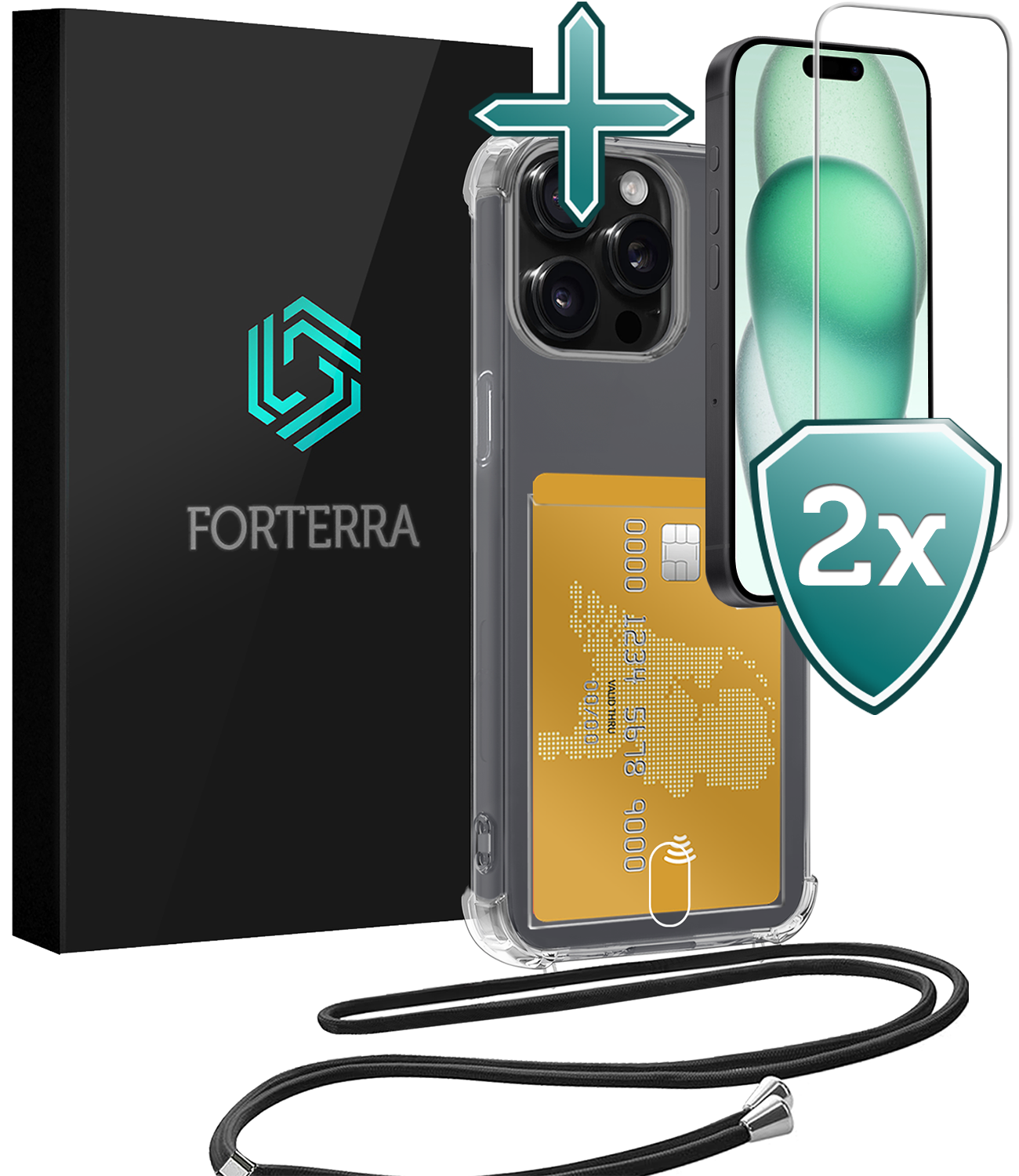 Forterra Hoesje Geschikt voor iPhone 15 Pro Pashouder Case Siliconen Hoes Met Koord Met 2x Screenprotector - Hoes Geschikt voor iPhone 15 Pro Met Telefoonkoord Hoesje Back Cover Met Pasjeshouder - Transparant