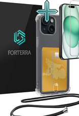 Forterra Hoesje Geschikt voor iPhone 15 Plus Pashouder Case Siliconen Hoes Met Koord Met Screenprotector - Hoes Geschikt voor iPhone 15 Plus Met Telefoonkoord Hoesje Back Cover Met Pasjeshouder - Transparant