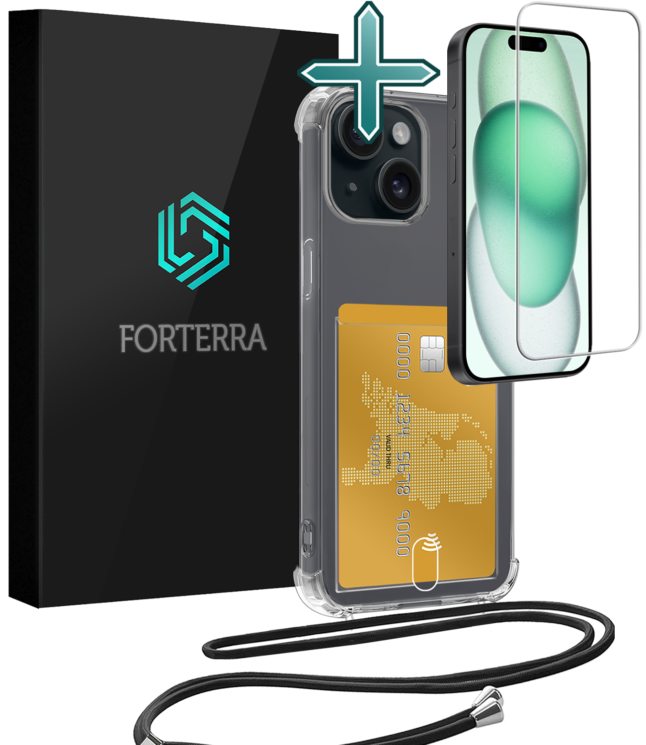 Forterra Hoesje Geschikt voor iPhone 15 Plus Pashouder Case Siliconen Hoes Met Koord Met Screenprotector - Hoes Geschikt voor iPhone 15 Plus Met Telefoonkoord Hoesje Back Cover Met Pasjeshouder - Transparant