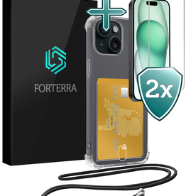 Forterra Forterra iPhone 15 Hoesje Pashouder met Koord Met 2x Screenprotector
