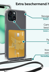 Forterra Hoesje Geschikt voor iPhone 15 Pashouder Case Siliconen Hoes Met Koord Met Screenprotector - Hoes Geschikt voor iPhone 15 Met Telefoonkoord Hoesje Back Cover Met Pasjeshouder - Transparant