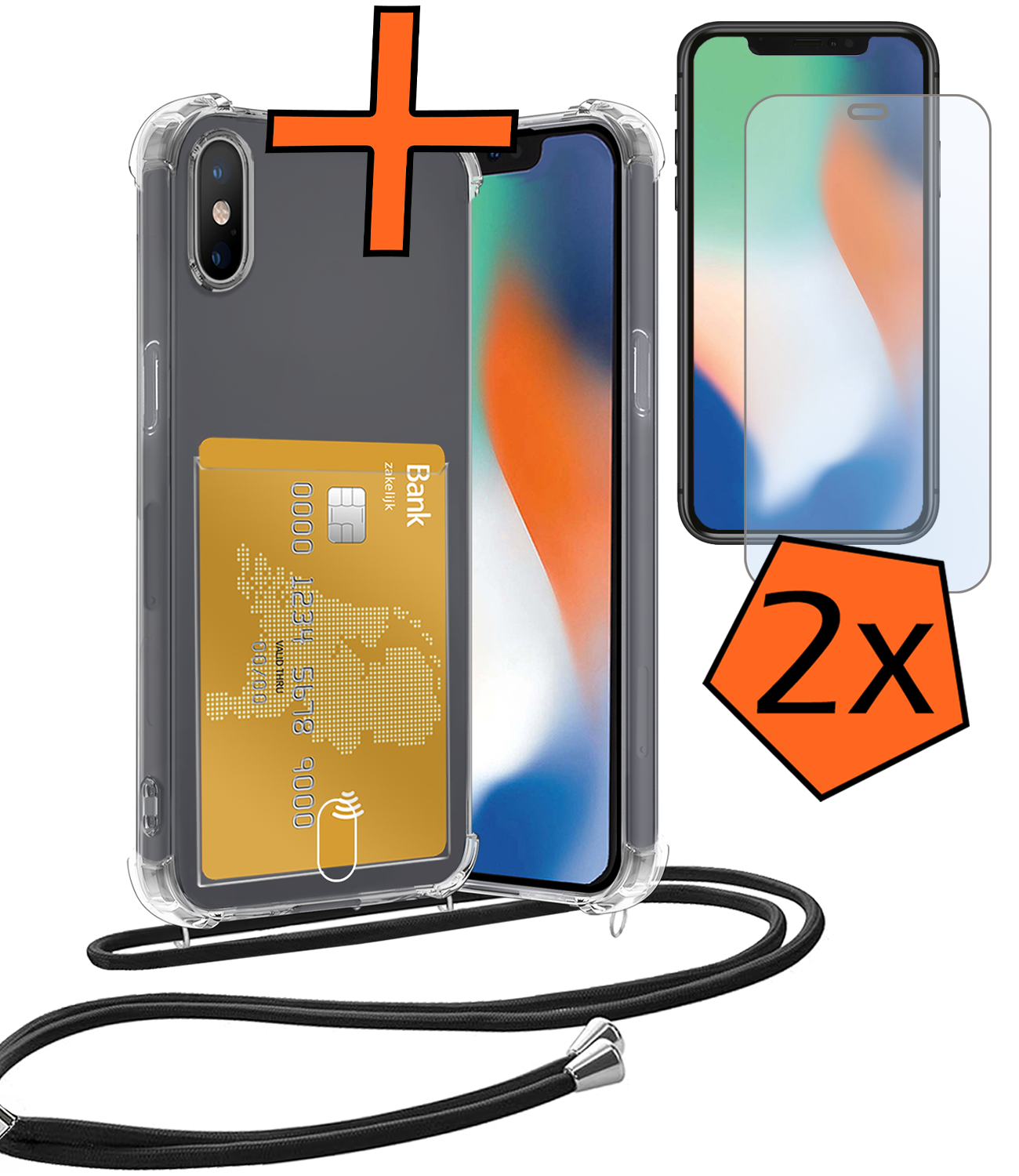 Nomfy Hoesje Geschikt voor iPhone Xs Max Hoesje Met Telefoonketting Pasjeshouder Shockproof Case Met 2x Screenprotector Koord - Hoesje Geschikt voor iPhone Xs Max Hoes Met Kaarthouder - Transparant