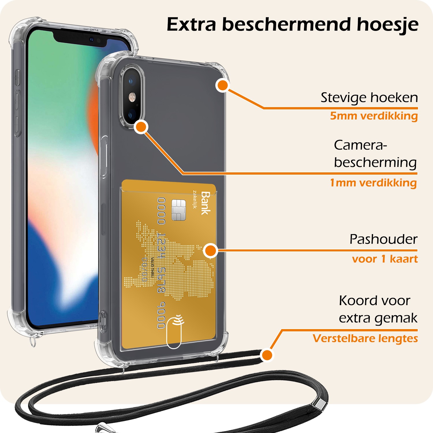 Nomfy Hoesje Geschikt voor iPhone Xs Max Hoesje Met Telefoonketting Pasjeshouder Shockproof Case Met 2x Screenprotector Koord - Hoesje Geschikt voor iPhone Xs Max Hoes Met Kaarthouder - Transparant