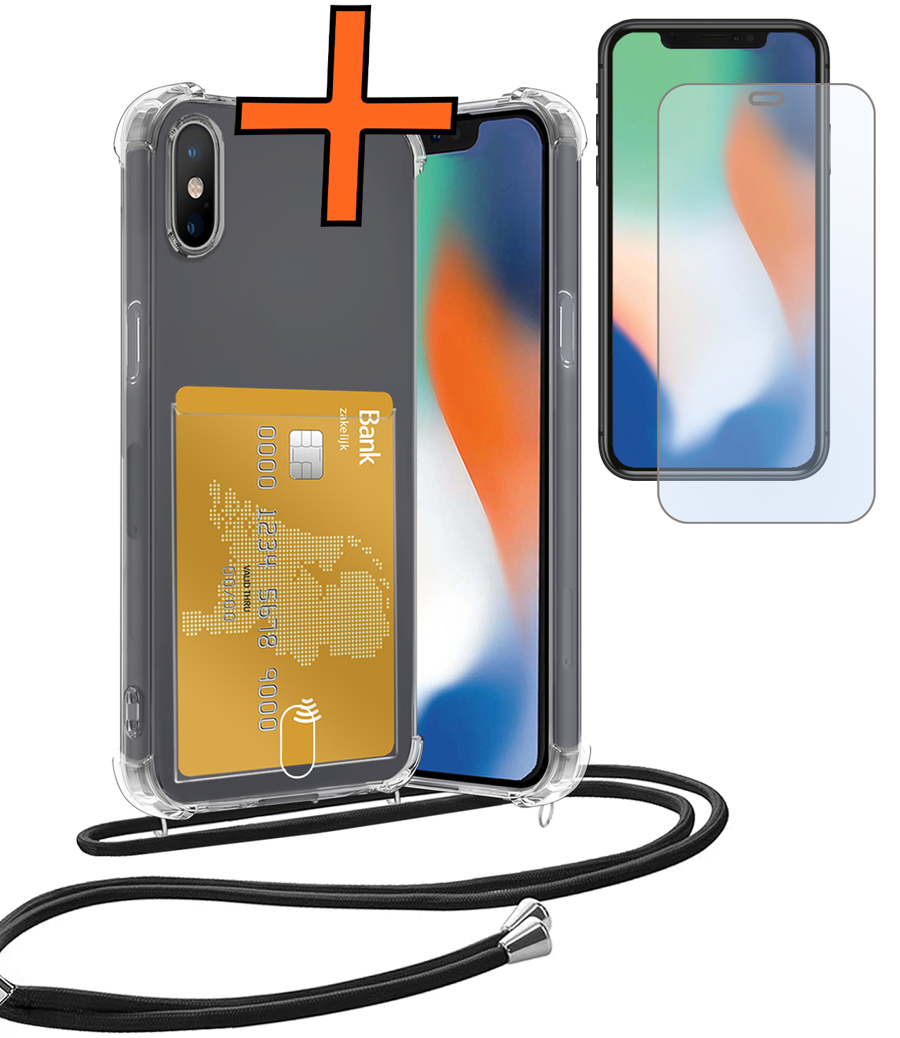 Nomfy Hoesje Geschikt voor iPhone Xs Max Hoesje Met Telefoonketting Pasjeshouder Shockproof Case Met Screenprotector Koord - Hoesje Geschikt voor iPhone Xs Max Hoes Met Kaarthouder - Transparant