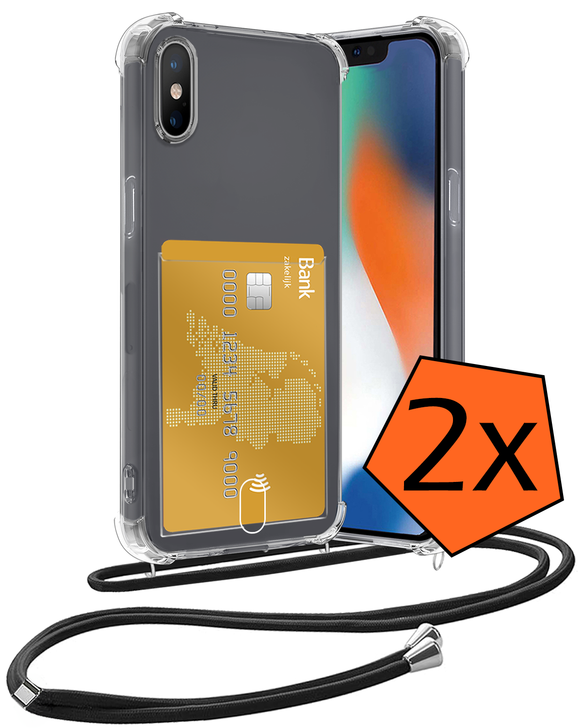 Nomfy Hoesje Geschikt voor iPhone Xs Max Hoesje Met Telefoonketting Pasjeshouder Shockproof Case Koord - Hoesje Geschikt voor iPhone Xs Max Hoes Met Kaarthouder - Transparant - 2 PACK