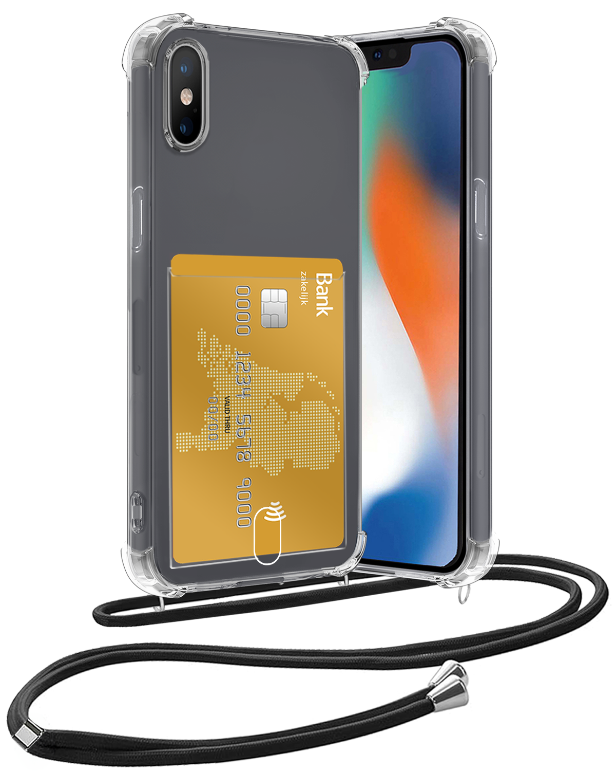 Nomfy Hoesje Geschikt voor iPhone Xs Max Hoesje Met Telefoonketting Pasjeshouder Shockproof Case Koord - Hoesje Geschikt voor iPhone Xs Max Hoes Met Kaarthouder - Transparant