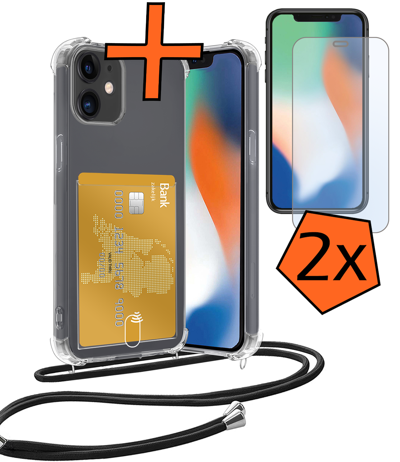Nomfy Hoesje Geschikt voor iPhone 11 Hoesje Met Telefoonketting Pasjeshouder Shockproof Case Met 2x Screenprotector Koord - Hoesje Geschikt voor iPhone 11 Hoes Met Kaarthouder - Transparant