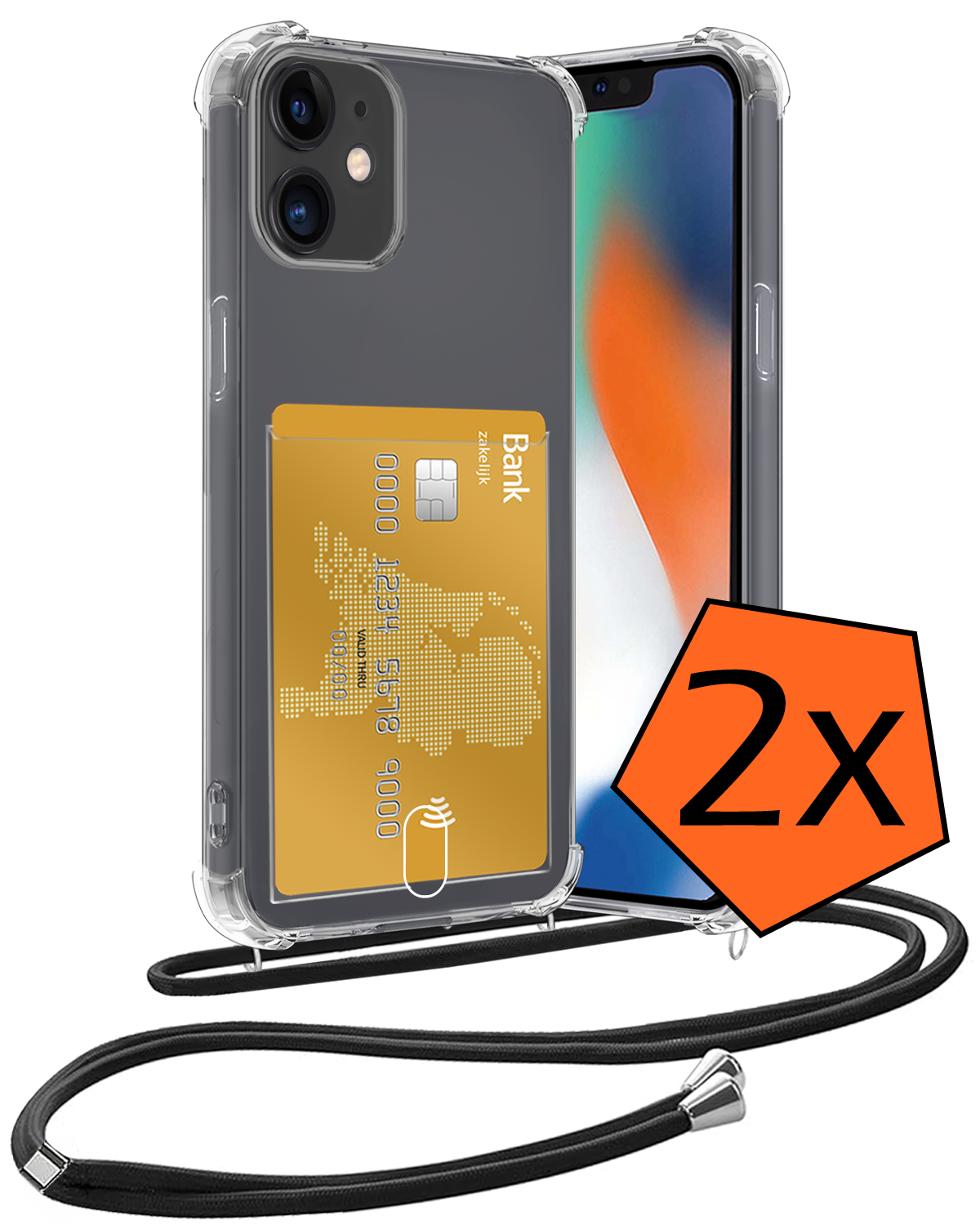 Nomfy Hoesje Geschikt voor iPhone 11 Hoesje Met Telefoonketting Pasjeshouder Shockproof Case Koord - Hoesje Geschikt voor iPhone 11 Hoes Met Kaarthouder - Transparant - 2 PACK