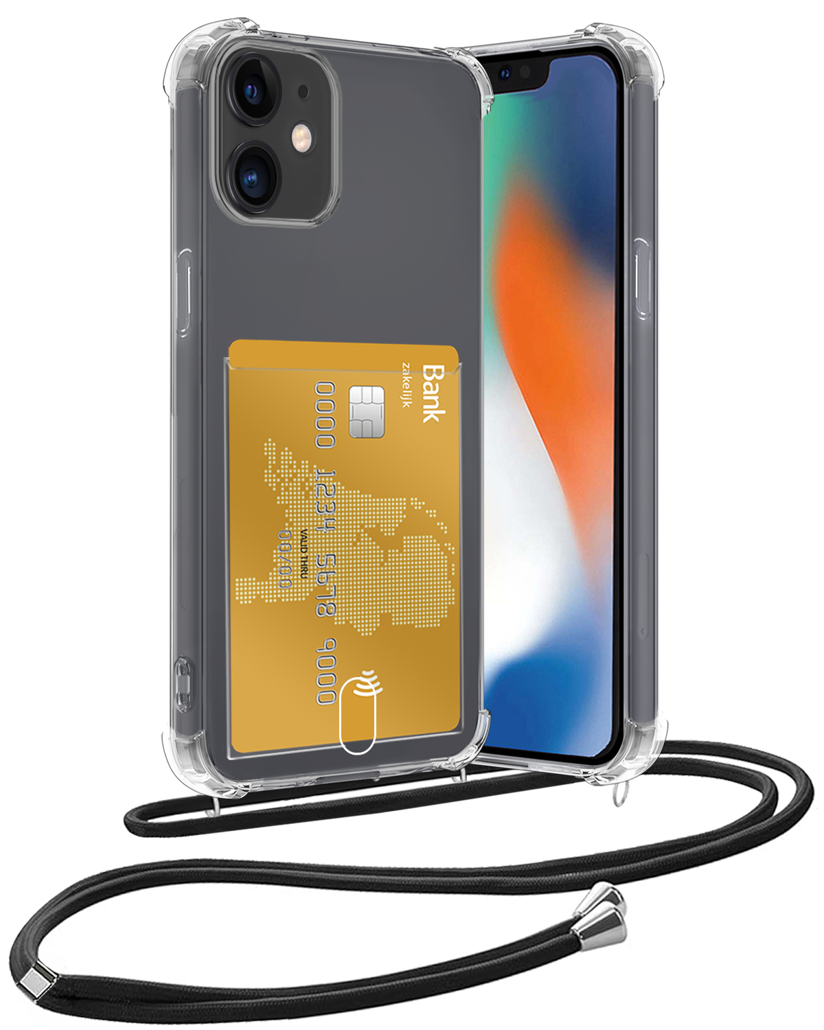 Nomfy Hoesje Geschikt voor iPhone 11 Hoesje Met Telefoonketting Pasjeshouder Shockproof Case Koord - Hoesje Geschikt voor iPhone 11 Hoes Met Kaarthouder - Transparant