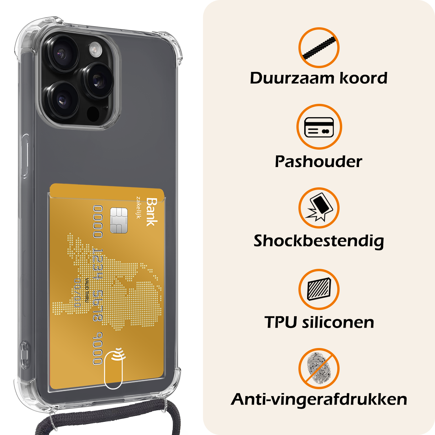 Nomfy Hoesje Geschikt voor iPhone 12 Pro Max Hoesje Met Telefoonketting Pasjeshouder Shockproof Case Koord - Hoesje Geschikt voor iPhone 12 Pro Max Hoes Met Kaarthouder - Transparant