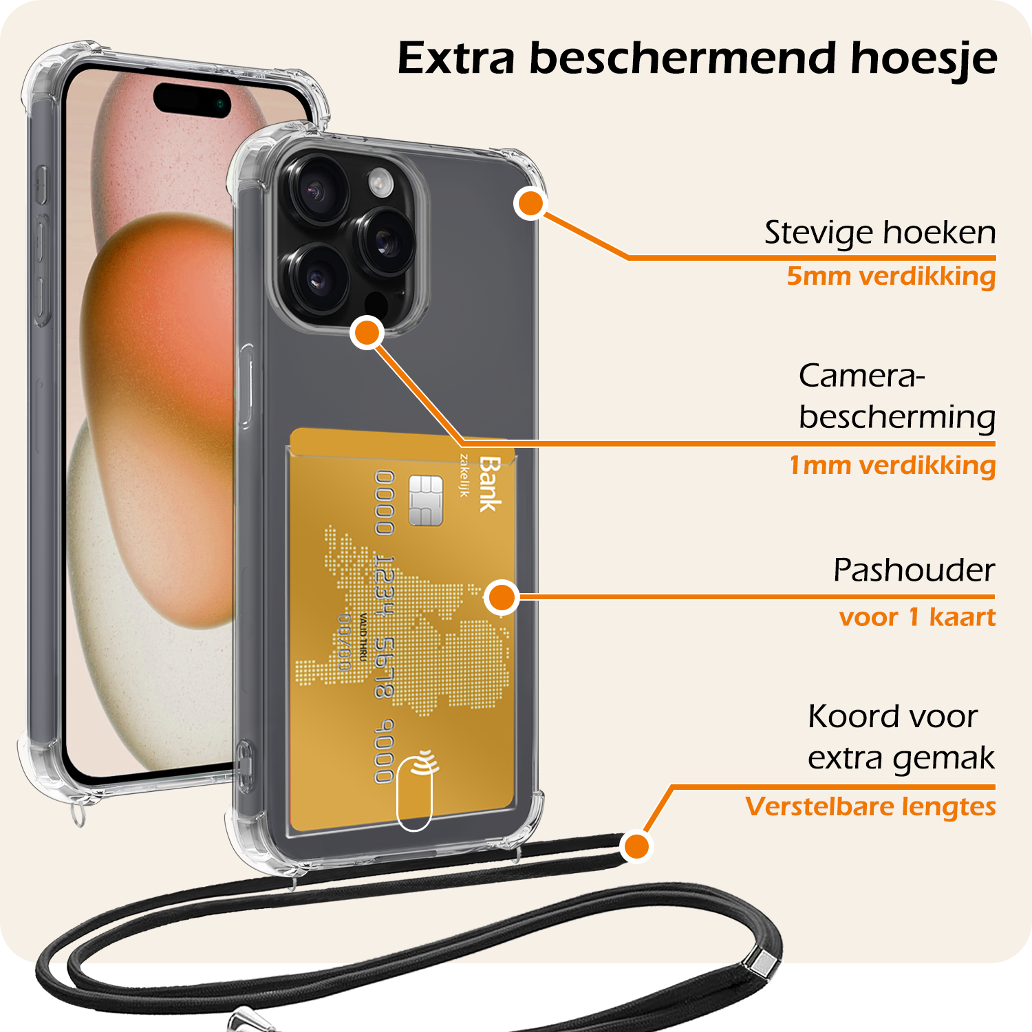 Nomfy Hoesje Geschikt voor iPhone 12 Pro Max Hoesje Met Telefoonketting Pasjeshouder Shockproof Case Koord - Hoesje Geschikt voor iPhone 12 Pro Max Hoes Met Kaarthouder - Transparant
