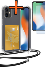 Nomfy Hoesje Geschikt voor iPhone 12 Mini Hoesje Met Telefoonketting Pasjeshouder Shockproof Case Met Screenprotector Koord - Hoesje Geschikt voor iPhone 12 Mini Hoes Met Kaarthouder - Transparant
