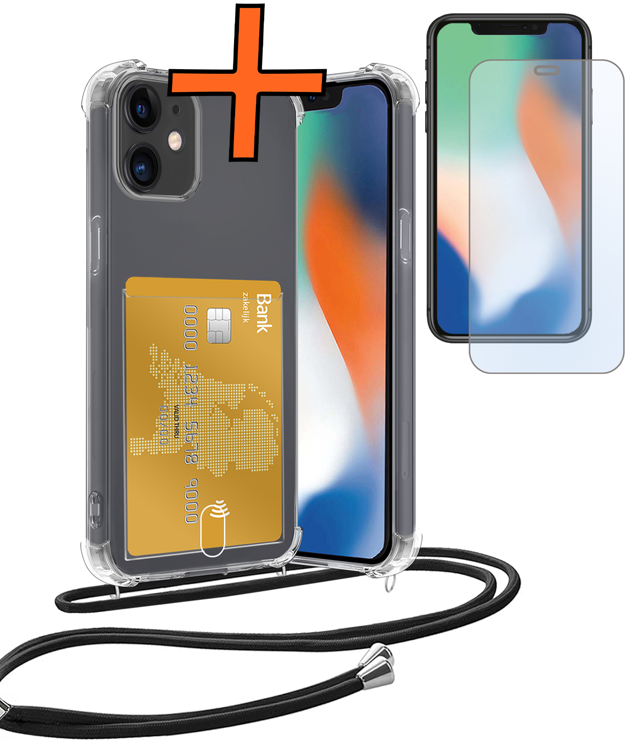 Nomfy Hoesje Geschikt voor iPhone 12 Mini Hoesje Met Telefoonketting Pasjeshouder Shockproof Case Met Screenprotector Koord - Hoesje Geschikt voor iPhone 12 Mini Hoes Met Kaarthouder - Transparant