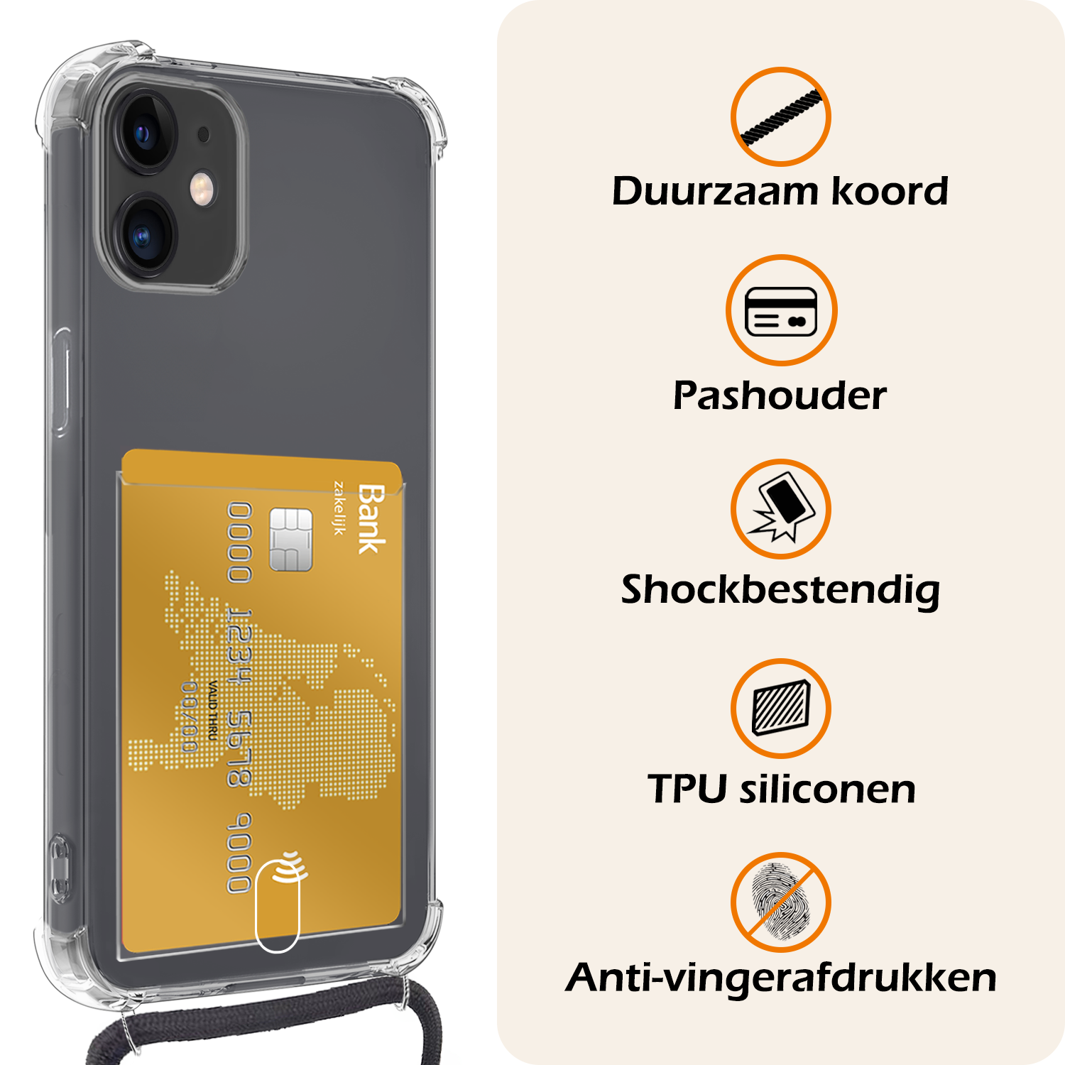 Nomfy Hoesje Geschikt voor iPhone 12 Mini Hoesje Met Telefoonketting Pasjeshouder Shockproof Case Koord - Hoesje Geschikt voor iPhone 12 Mini Hoes Met Kaarthouder - Transparant