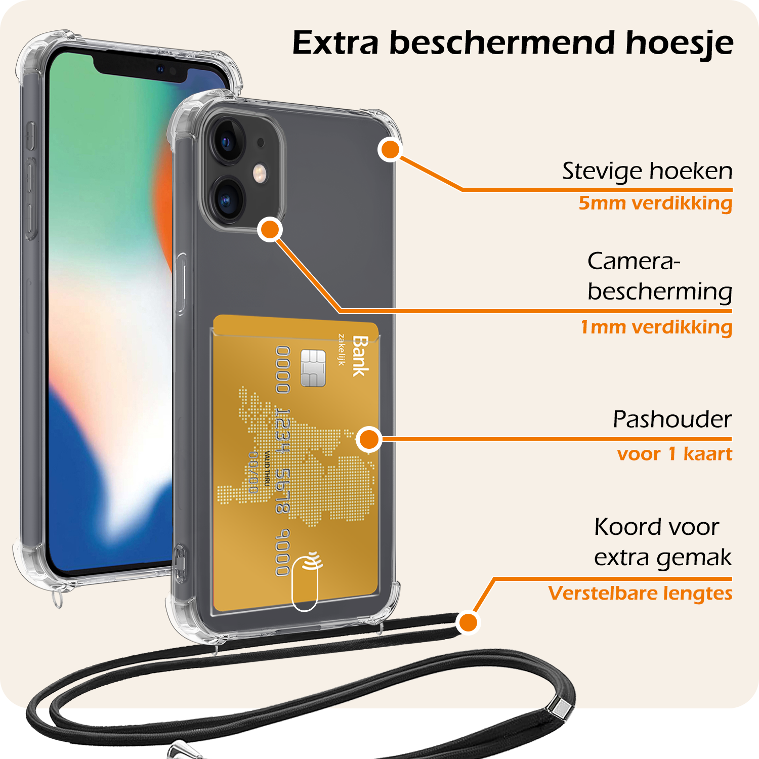 Nomfy Hoesje Geschikt voor iPhone 12 Mini Hoesje Met Telefoonketting Pasjeshouder Shockproof Case Koord - Hoesje Geschikt voor iPhone 12 Mini Hoes Met Kaarthouder - Transparant