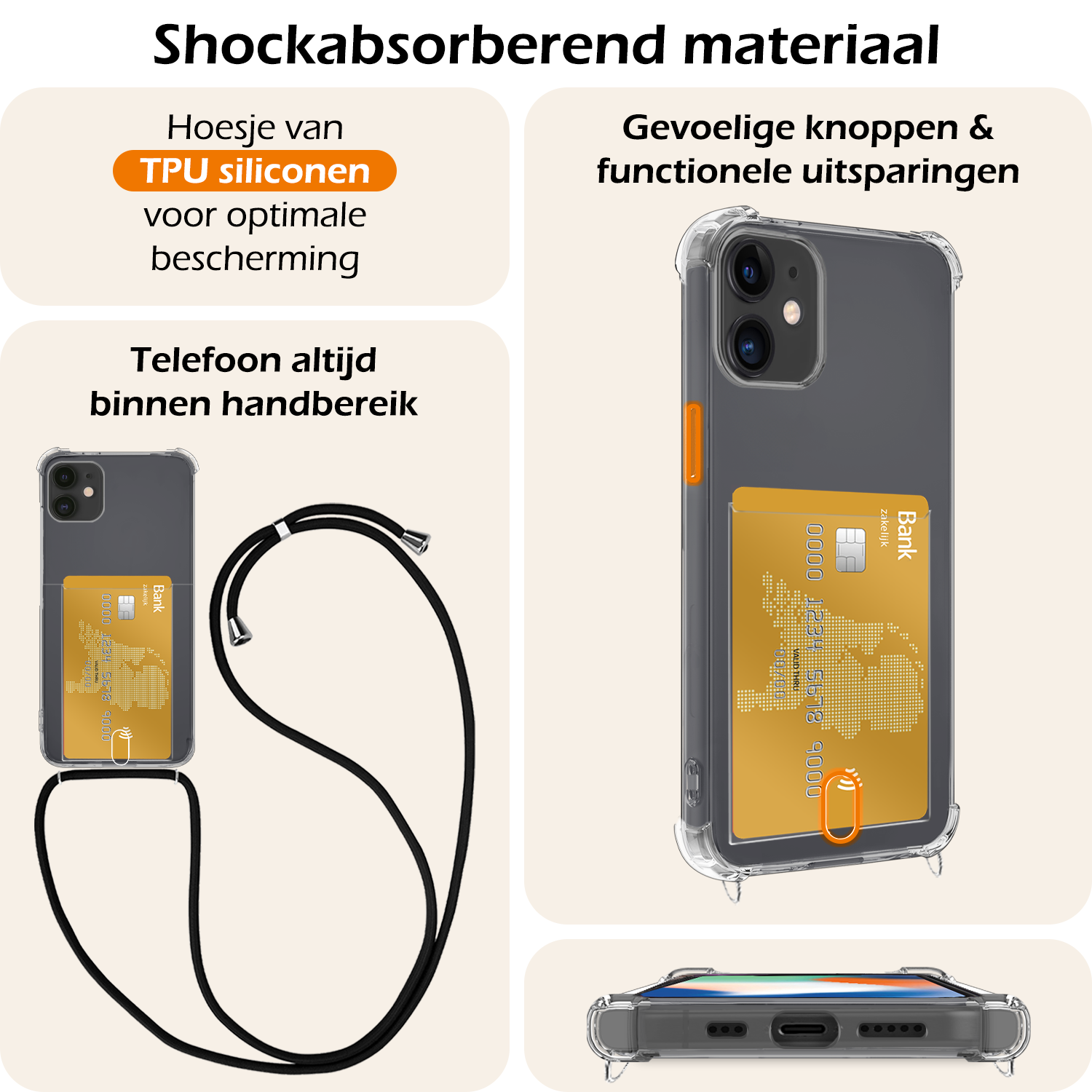 Nomfy Hoesje Geschikt voor iPhone 12 Hoesje Met Telefoonketting Pasjeshouder Shockproof Case Met 2x Screenprotector Koord - Hoesje Geschikt voor iPhone 12 Hoes Met Kaarthouder - Transparant