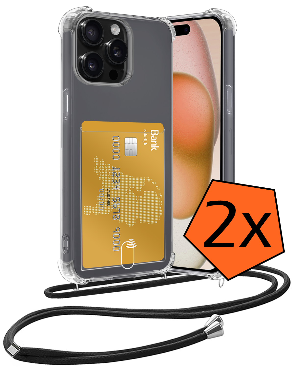 Nomfy Hoesje Geschikt voor iPhone 14 Pro Max Hoesje Met Telefoonketting Pasjeshouder Shockproof Case Koord - Hoesje Geschikt voor iPhone 14 Pro Max Hoes Met Kaarthouder - Transparant - 2 PACK