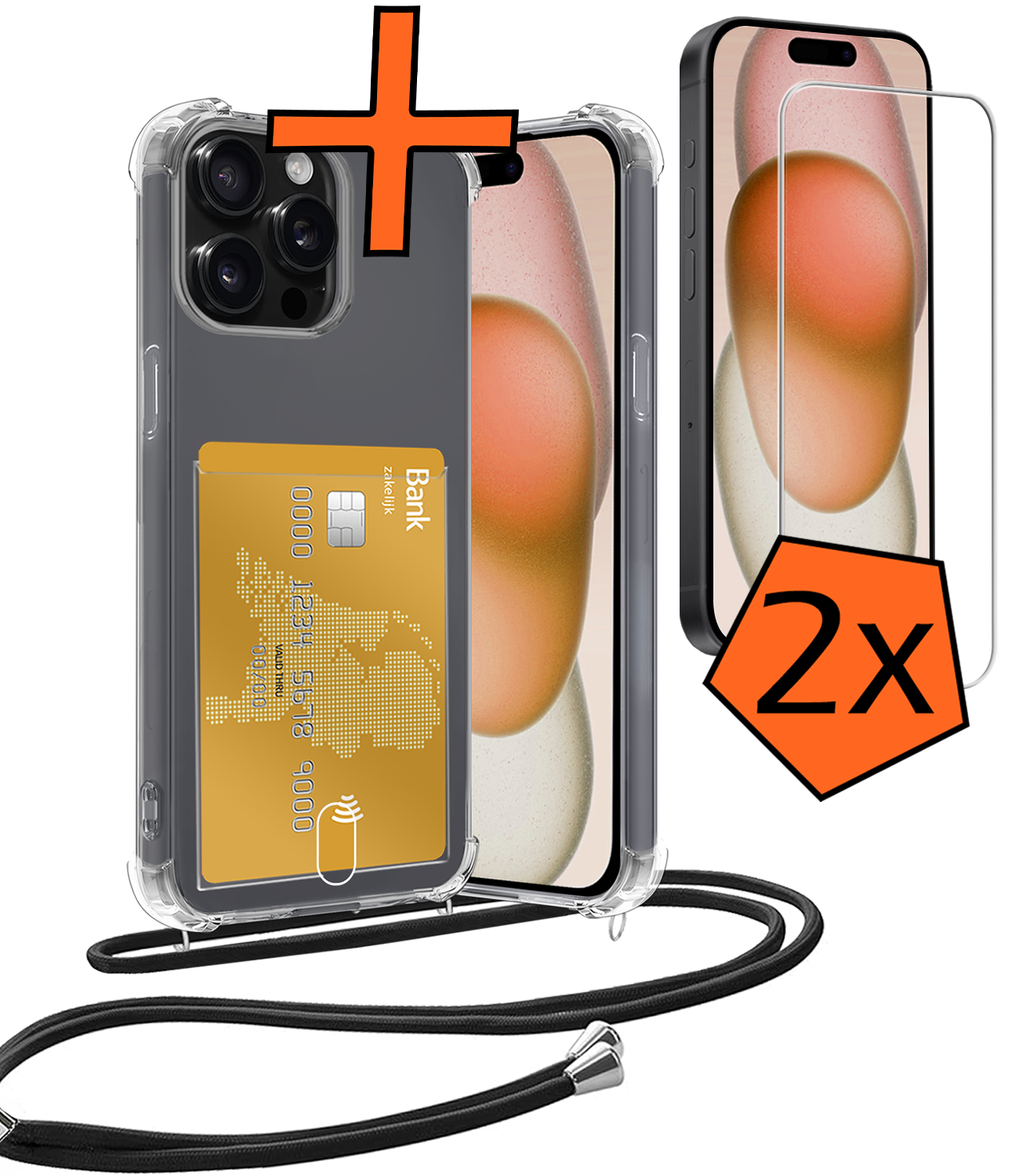 Nomfy Hoesje Geschikt voor iPhone 14 Pro Hoesje Met Telefoonketting Pasjeshouder Shockproof Case Met 2x Screenprotector Koord - Hoesje Geschikt voor iPhone 14 Pro Hoes Met Kaarthouder - Transparant
