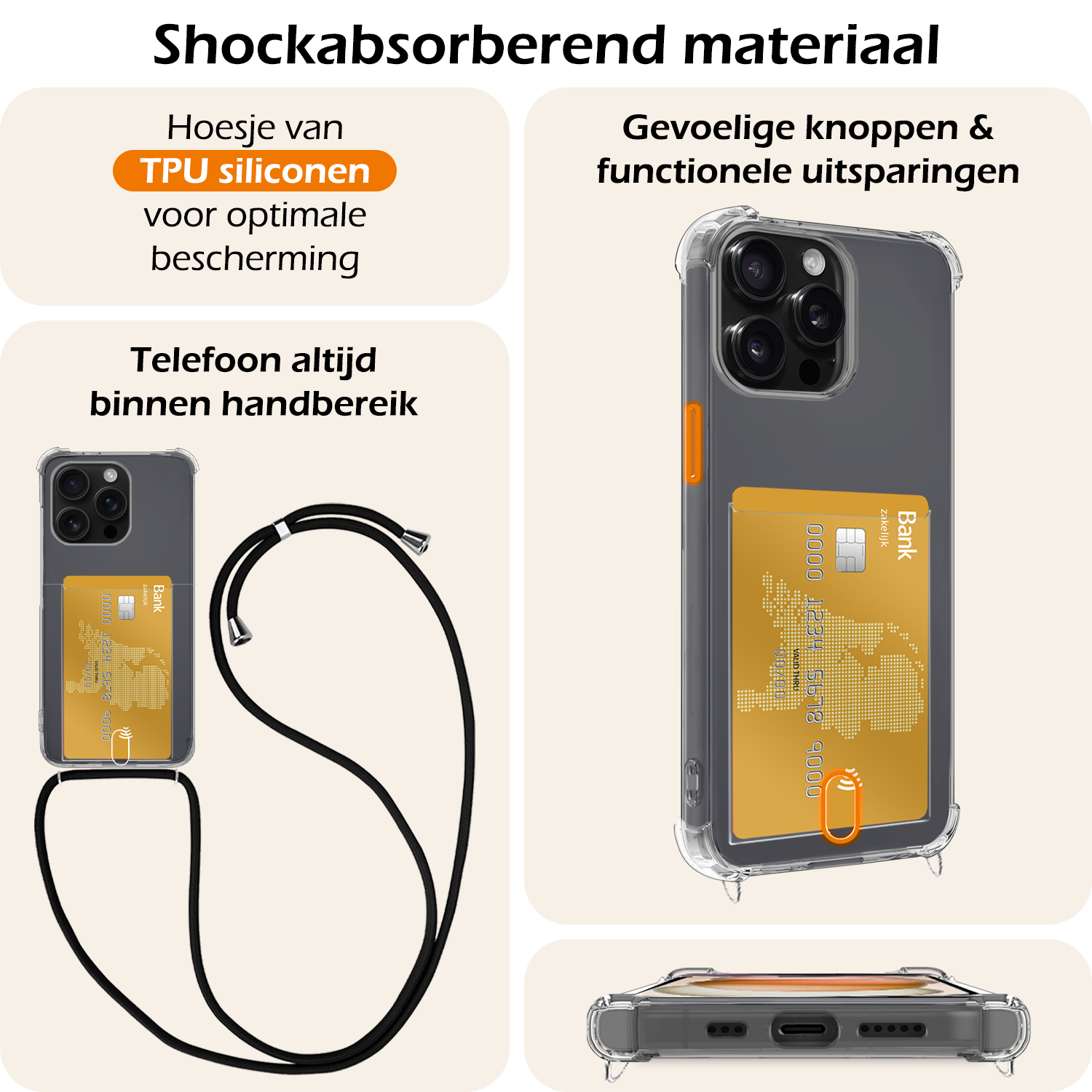 Nomfy Hoesje Geschikt voor iPhone 14 Pro Hoesje Met Telefoonketting Pasjeshouder Shockproof Case Koord - Hoesje Geschikt voor iPhone 14 Pro Hoes Met Kaarthouder - Transparant