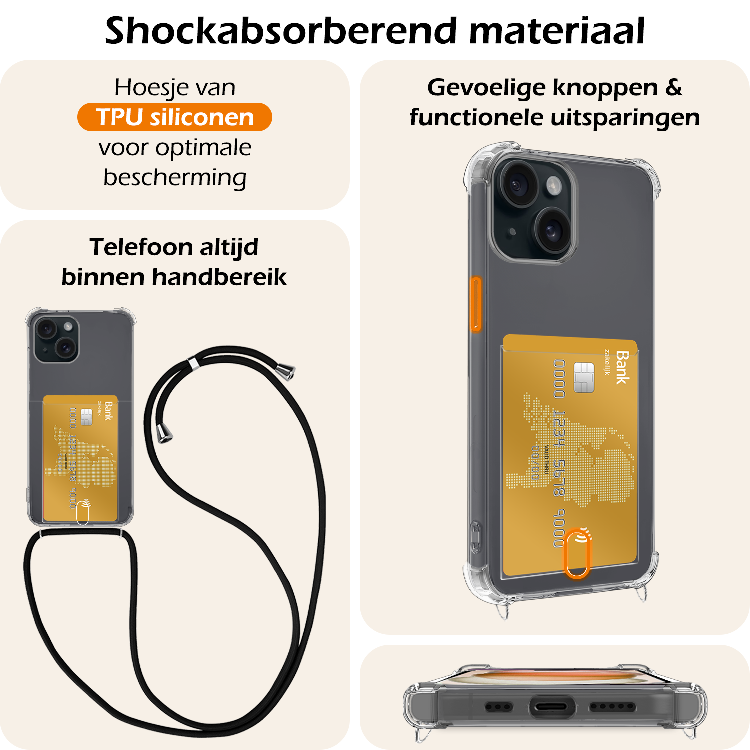 Nomfy Hoesje Geschikt voor iPhone 14 Plus Hoesje Met Telefoonketting Pasjeshouder Shockproof Case Met 2x Screenprotector Koord - Hoesje Geschikt voor iPhone 14 Plus Hoes Met Kaarthouder - Transparant