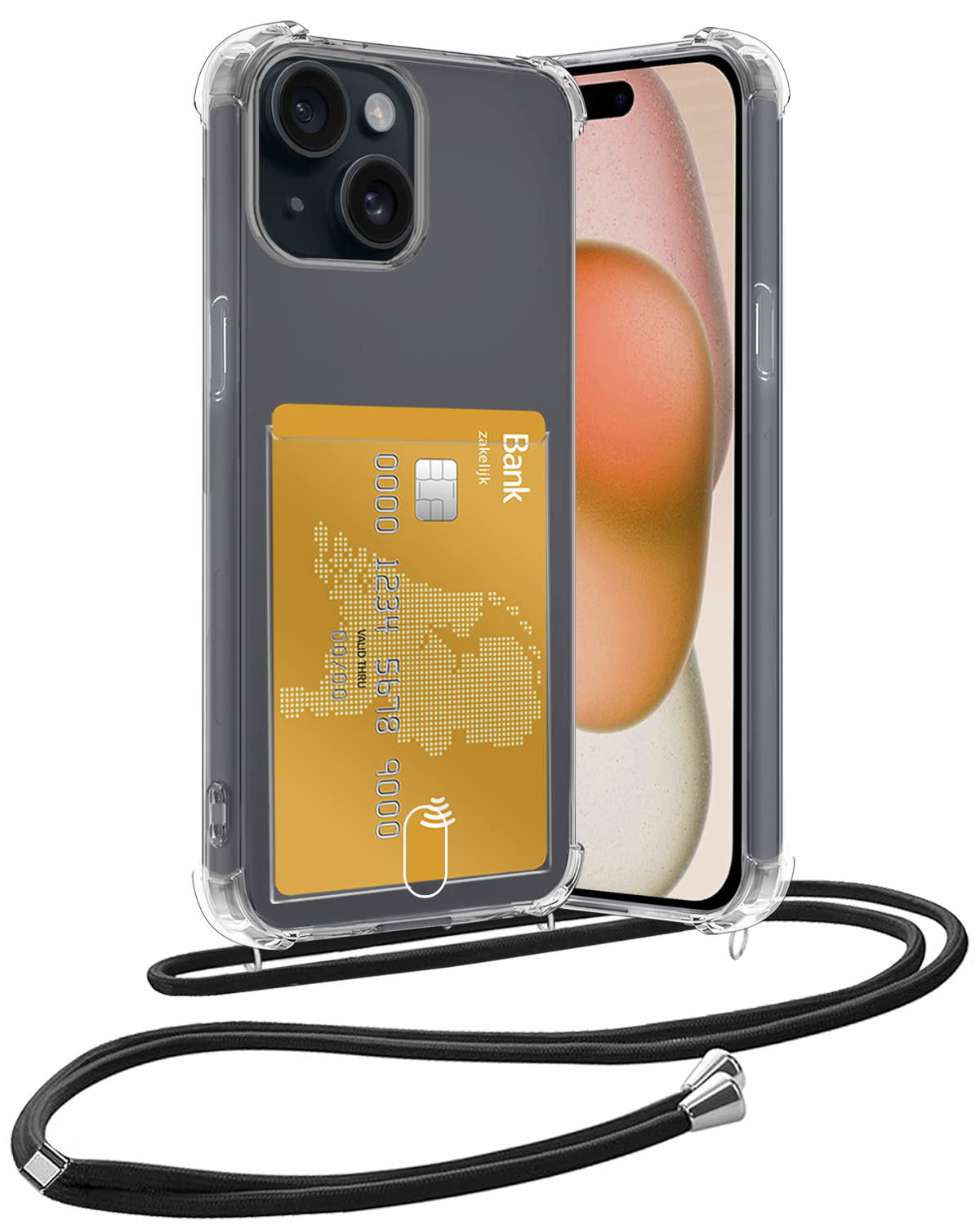 Nomfy Hoesje Geschikt voor iPhone 14 Plus Hoesje Met Telefoonketting Pasjeshouder Shockproof Case Koord - Hoesje Geschikt voor iPhone 14 Plus Hoes Met Kaarthouder - Transparant