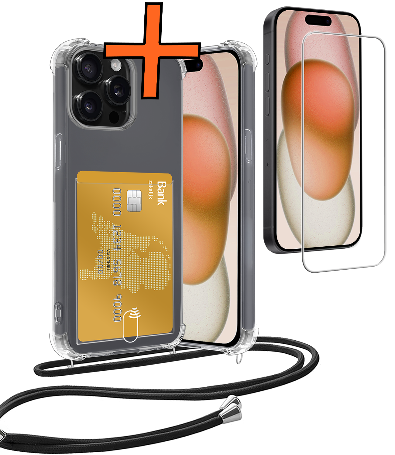 Nomfy Hoesje Geschikt voor iPhone 15 Pro Max Hoesje Met Telefoonketting Pasjeshouder Shockproof Case Met Screenprotector Koord - Hoesje Geschikt voor iPhone 15 Pro Max Hoes Met Kaarthouder - Transparant