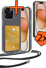 Nomfy Hoesje Geschikt voor iPhone 15 Pro Hoesje Met Telefoonketting Pasjeshouder Shockproof Case Met 2x Screenprotector Koord - Hoesje Geschikt voor iPhone 15 Pro Hoes Met Kaarthouder - Transparant