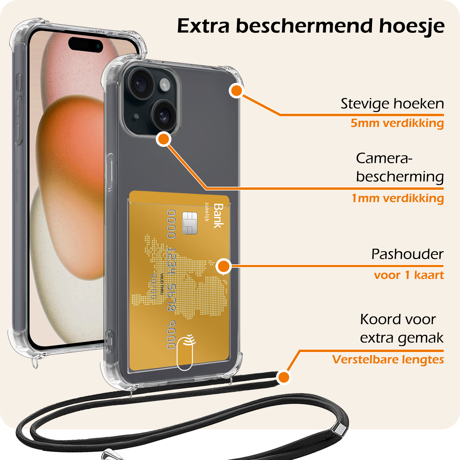 Nomfy Hoesje Geschikt voor iPhone 15 Plus Hoesje Met Telefoonketting Pasjeshouder Shockproof Case Koord - Hoesje Geschikt voor iPhone 15 Plus Hoes Met Kaarthouder - Transparant - 2 PACK