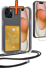 Nomfy Hoesje Geschikt voor iPhone 15 Hoesje Met Telefoonketting Pasjeshouder Shockproof Case Met Screenprotector Koord - Hoesje Geschikt voor iPhone 15 Hoes Met Kaarthouder - Transparant