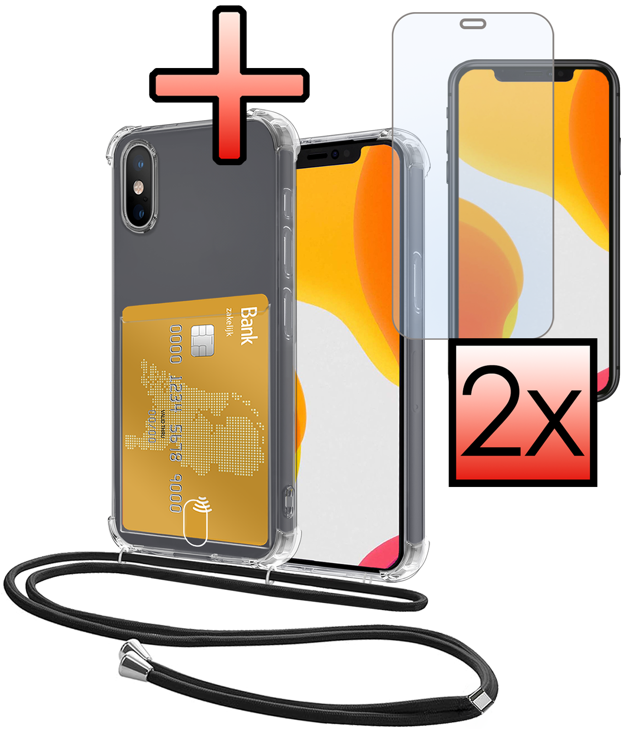 NoXx Hoes Geschikt voor iPhone Xs Max Hoesje Pasjeshouder Cover Met Koord Shock Proof Case Siliconen Hoes Met Telefoonkoord en Kaarthouder Met 2x Screenprotector - Transparant