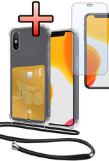 NoXx Hoes Geschikt voor iPhone Xs Max Hoesje Pasjeshouder Cover Met Koord Shock Proof Case Siliconen Hoes Met Telefoonkoord en Kaarthouder Met Screenprotector - Transparant