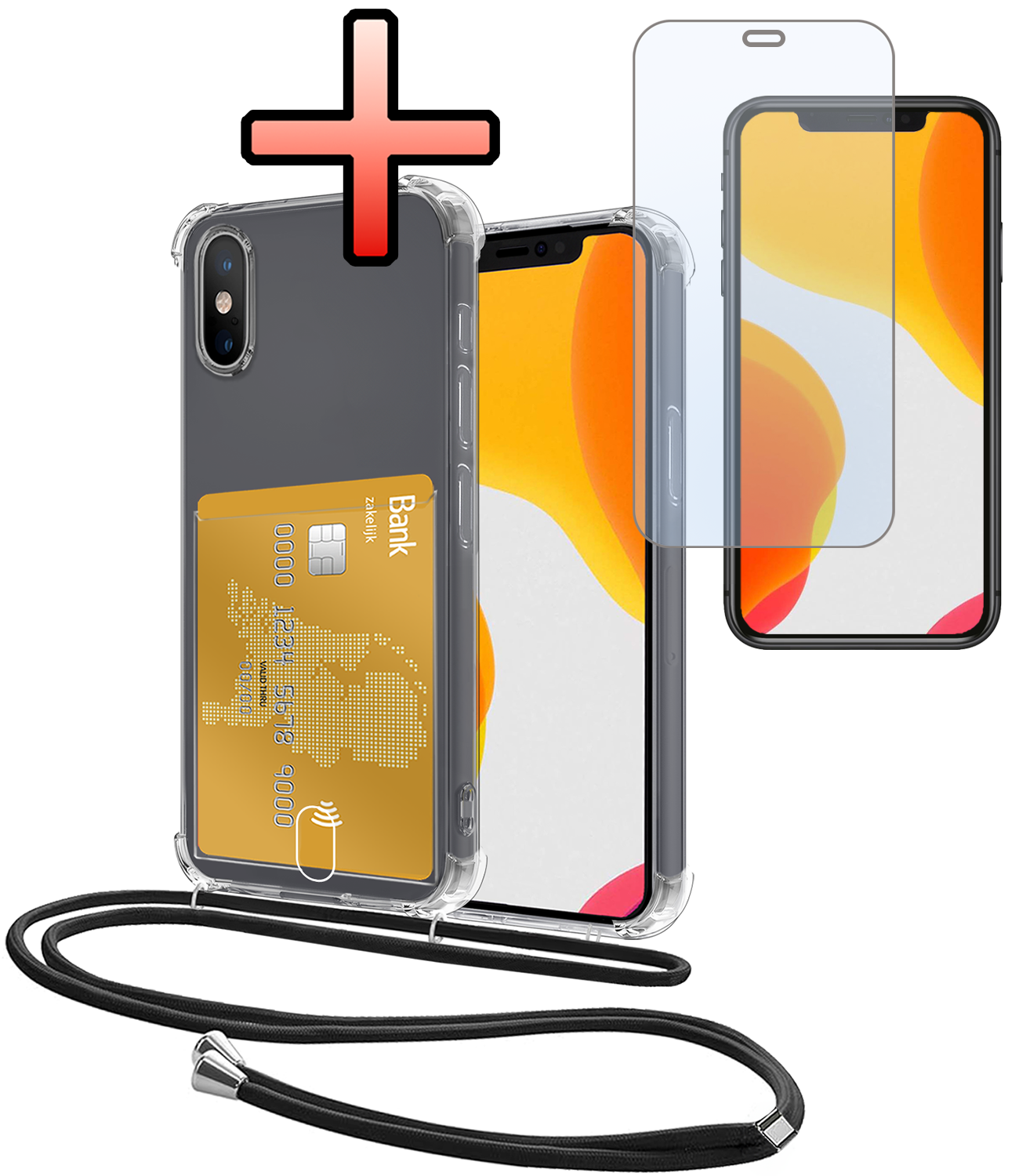 NoXx Hoes Geschikt voor iPhone Xs Max Hoesje Pasjeshouder Cover Met Koord Shock Proof Case Siliconen Hoes Met Telefoonkoord en Kaarthouder Met Screenprotector - Transparant