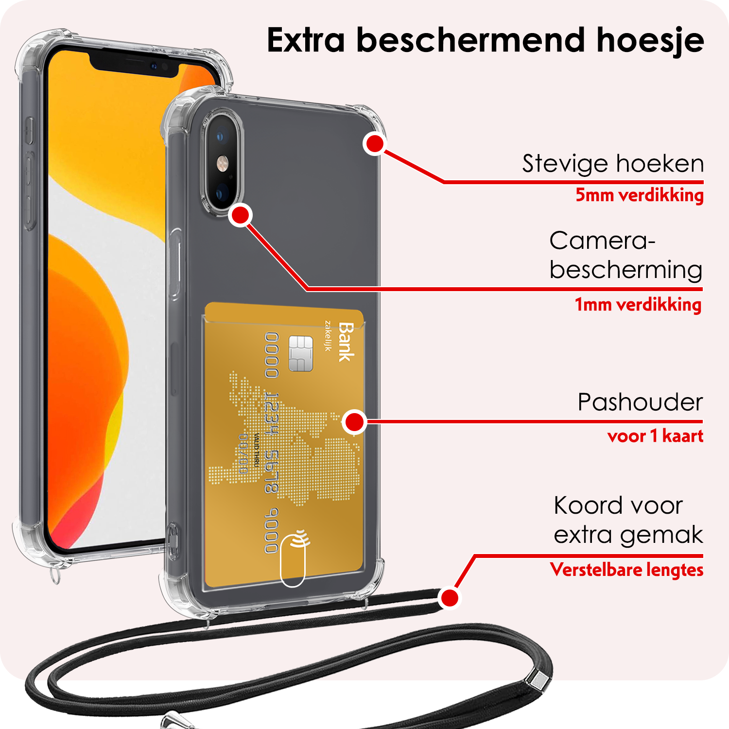 NoXx Hoes Geschikt voor iPhone Xs Max Hoesje Pasjeshouder Cover Met Koord Shock Proof Case Siliconen Hoes Met Telefoonkoord en Kaarthouder Met 2x Screenprotector - Transparant