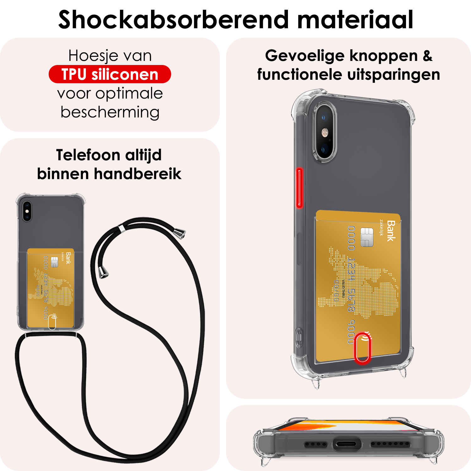 NoXx Hoes Geschikt voor iPhone Xs Max Hoesje Pasjeshouder Cover Met Koord Shock Proof Case Siliconen Hoes Met Telefoonkoord en Kaarthouder Met Screenprotector - Transparant