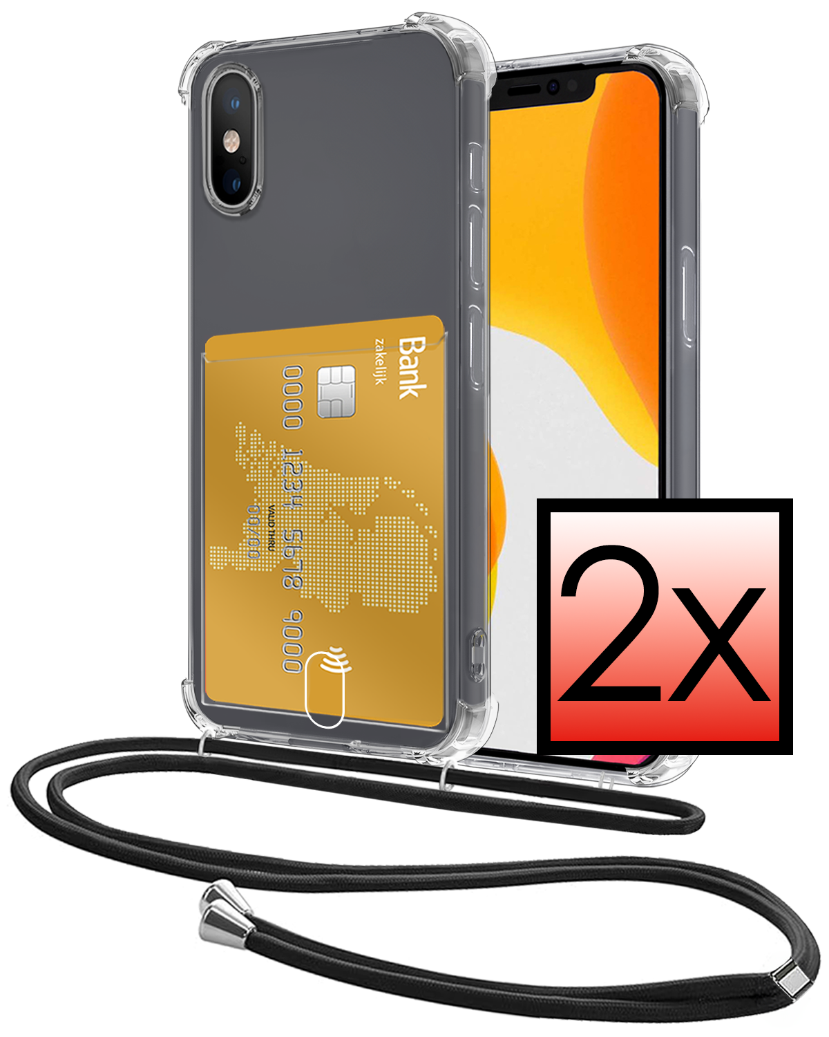 NoXx Hoes Geschikt voor iPhone Xs Max Hoesje Pasjeshouder Cover Met Koord Shock Proof Case Siliconen Hoes Met Telefoonkoord en Kaarthouder - Transparant - 2 PACK