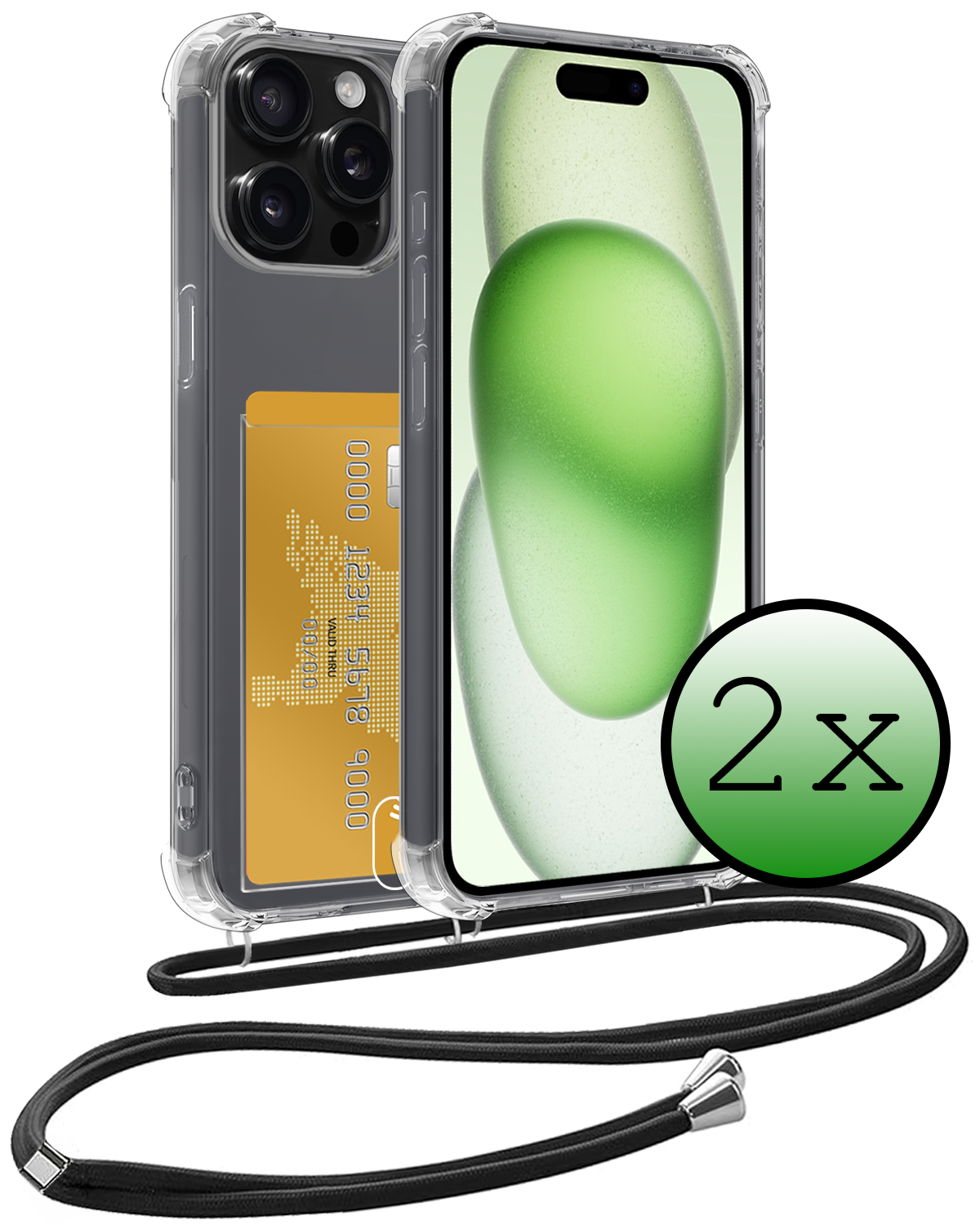 BASEY. Hoes Geschikt voor iPhone 12 Pro Hoesje Pas Houder Shock Proof Case Hoes Met Koord - Hoesje Geschikt voor iPhone 12 Pro Hoes Met Telefoonkoord Pasjeshouder Cover - Transparant - 2 Stuks