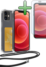 BASEY. Hoes Geschikt voor iPhone 12 Mini Hoesje Pas Houder Shock Proof Case Hoes Met Koord Met Screenprotector - Hoesje Geschikt voor iPhone 12 Mini Hoes Met Telefoonkoord Pasjeshouder Cover - Transparant