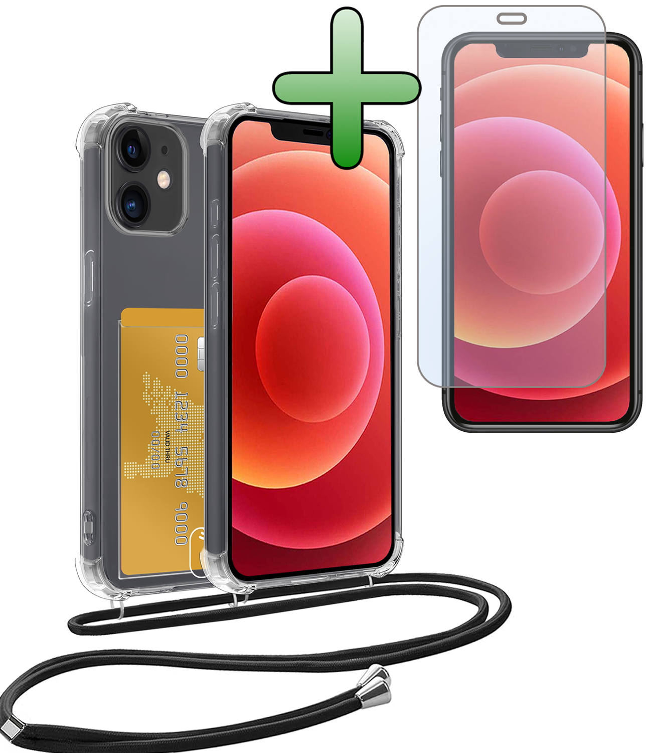 BASEY. Hoes Geschikt voor iPhone 12 Mini Hoesje Pas Houder Shock Proof Case Hoes Met Koord Met Screenprotector - Hoesje Geschikt voor iPhone 12 Mini Hoes Met Telefoonkoord Pasjeshouder Cover - Transparant