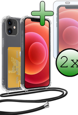 BASEY. Hoes Geschikt voor iPhone 12 Mini Hoesje Pas Houder Shock Proof Case Hoes Met Koord Met 2x Screenprotector - Hoesje Geschikt voor iPhone 12 Mini Hoes Met Telefoonkoord Pasjeshouder Cover - Transparant