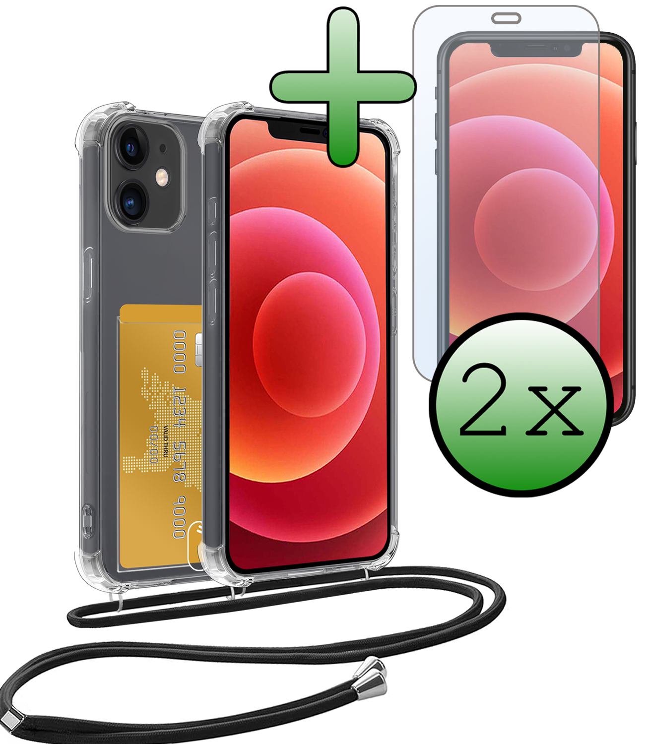 BASEY. Hoes Geschikt voor iPhone 12 Mini Hoesje Pas Houder Shock Proof Case Hoes Met Koord Met 2x Screenprotector - Hoesje Geschikt voor iPhone 12 Mini Hoes Met Telefoonkoord Pasjeshouder Cover - Transparant