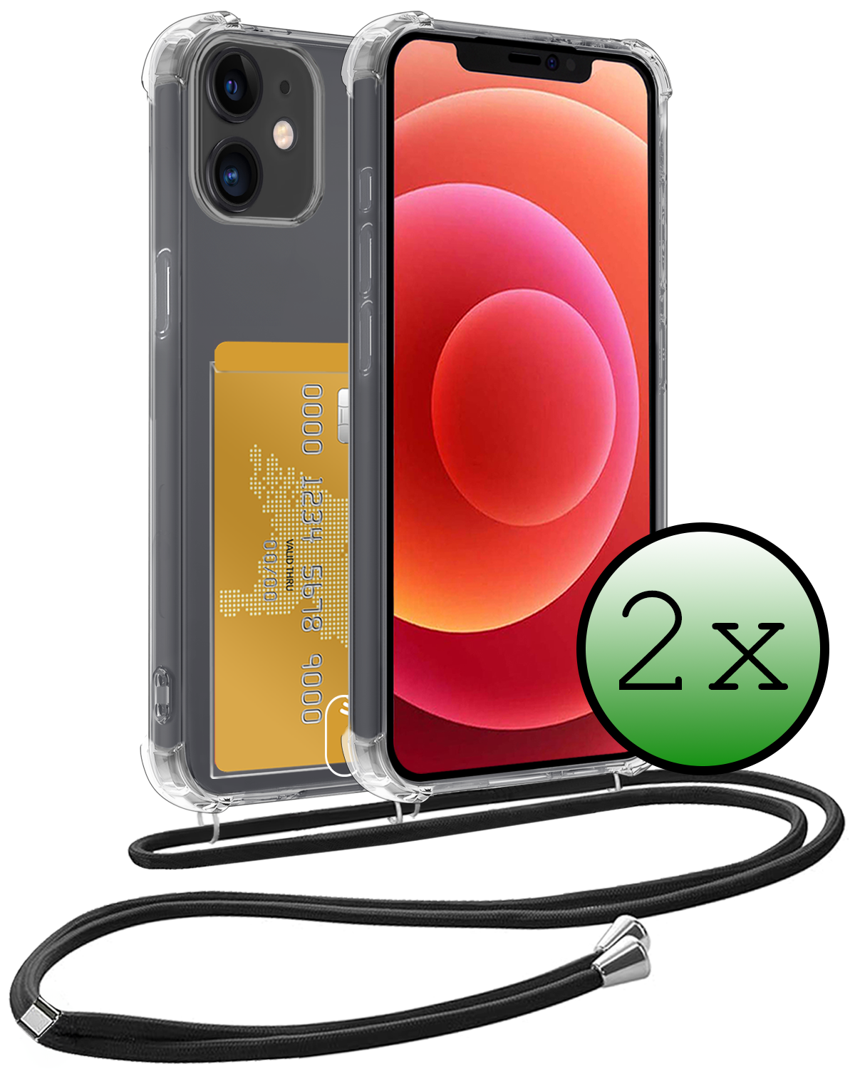 BASEY. Hoes Geschikt voor iPhone 12 Mini Hoesje Pas Houder Shock Proof Case Hoes Met Koord - Hoesje Geschikt voor iPhone 12 Mini Hoes Met Telefoonkoord Pasjeshouder Cover - Transparant - 2 Stuks