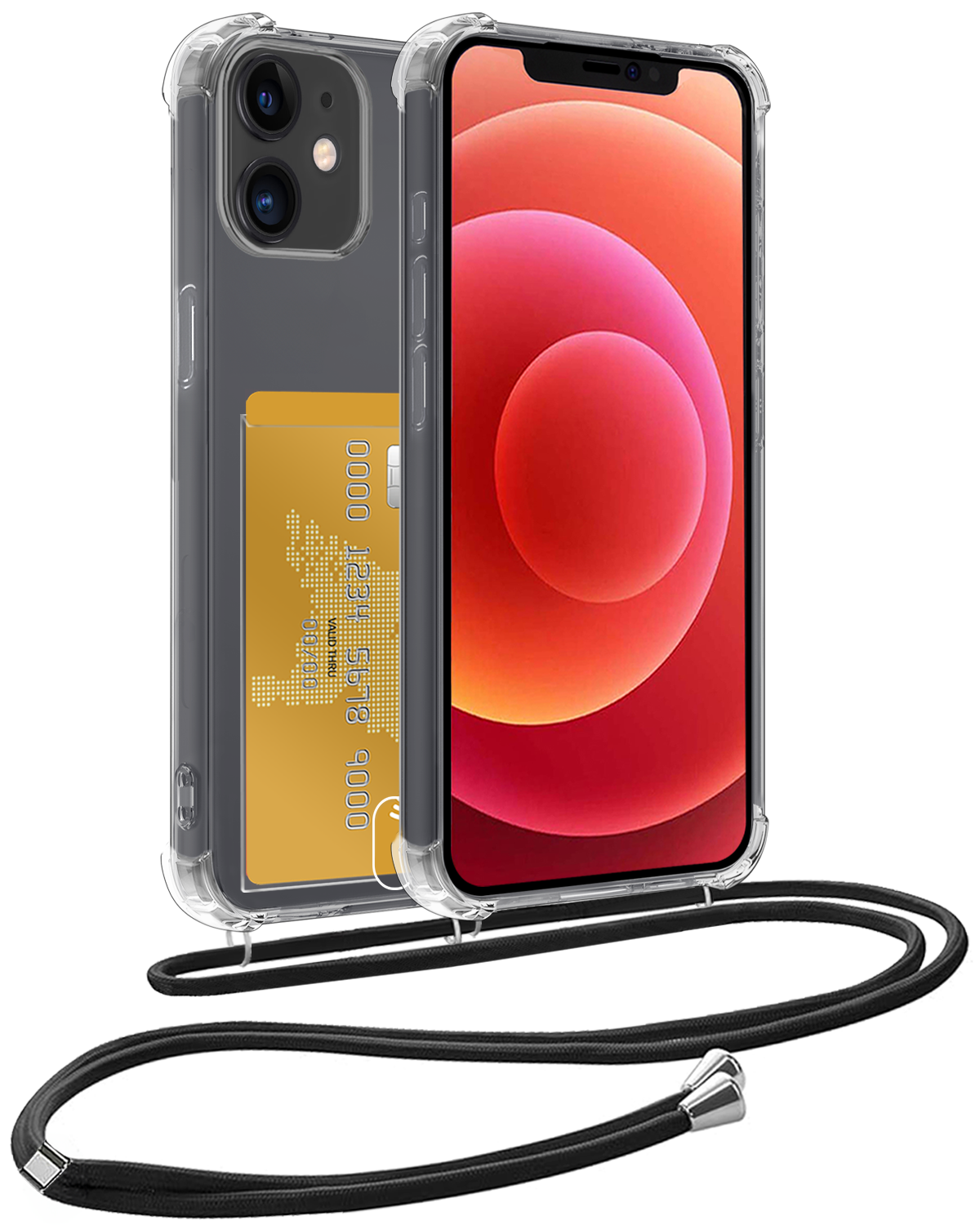 BASEY. Hoes Geschikt voor iPhone 12 Mini Hoesje Pas Houder Shock Proof Case Hoes Met Koord - Hoesje Geschikt voor iPhone 12 Mini Hoes Met Telefoonkoord Pasjeshouder Cover - Transparant